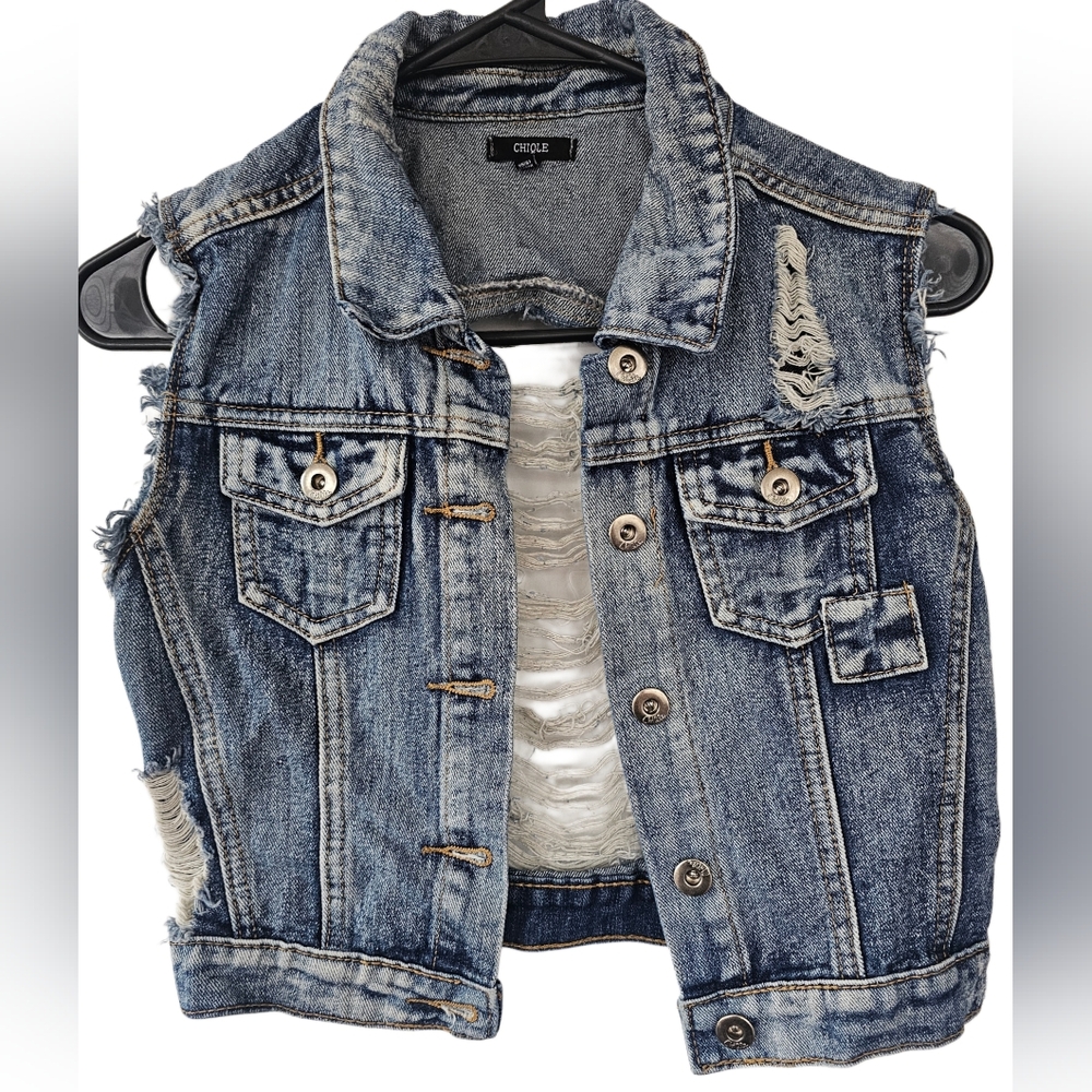 CHIQLE Women's Distressed Denim Blue Jean Vest Sz SM
